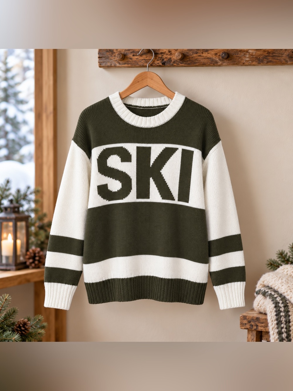 Women’s SKI Graphic Sweater Small Olive Green White Striped Knit Pullover